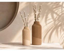 Japandi Vazen Set van 2 – Woestijnbruin & Karamel – Ribbel Vaas Design – Scandinavische Moderne Woondecoratie – 17 & 21 cm