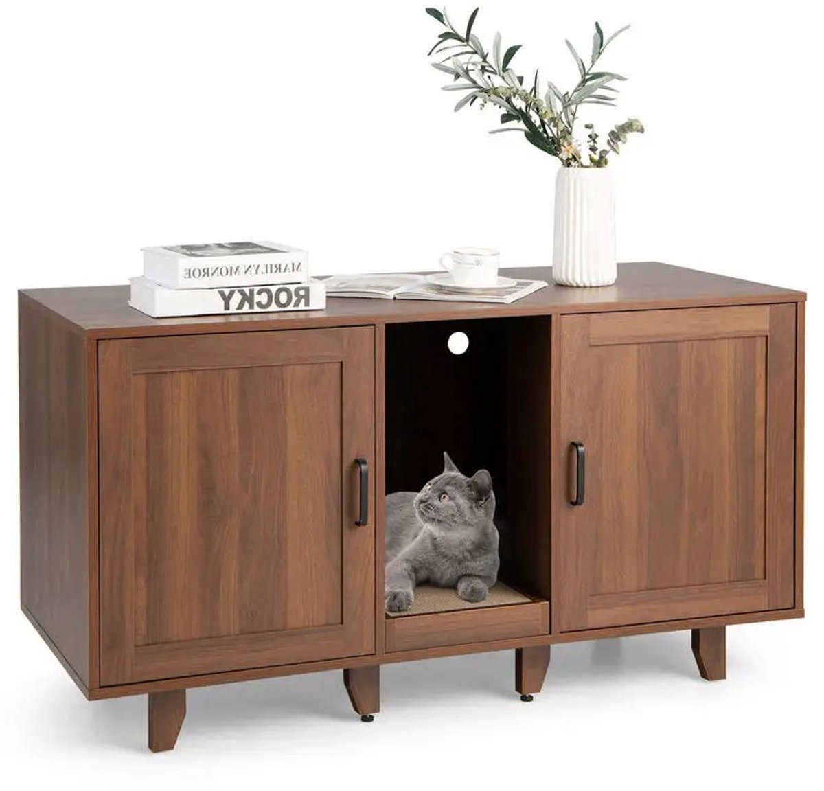 Emvae Kattenbakmeubel - Kattentoilet met 2 Deuren - Stapelbaar - Krabplank - Ventilatie - Modern Design - 120,7 x 52,1 x 64,8 cm - Bruin