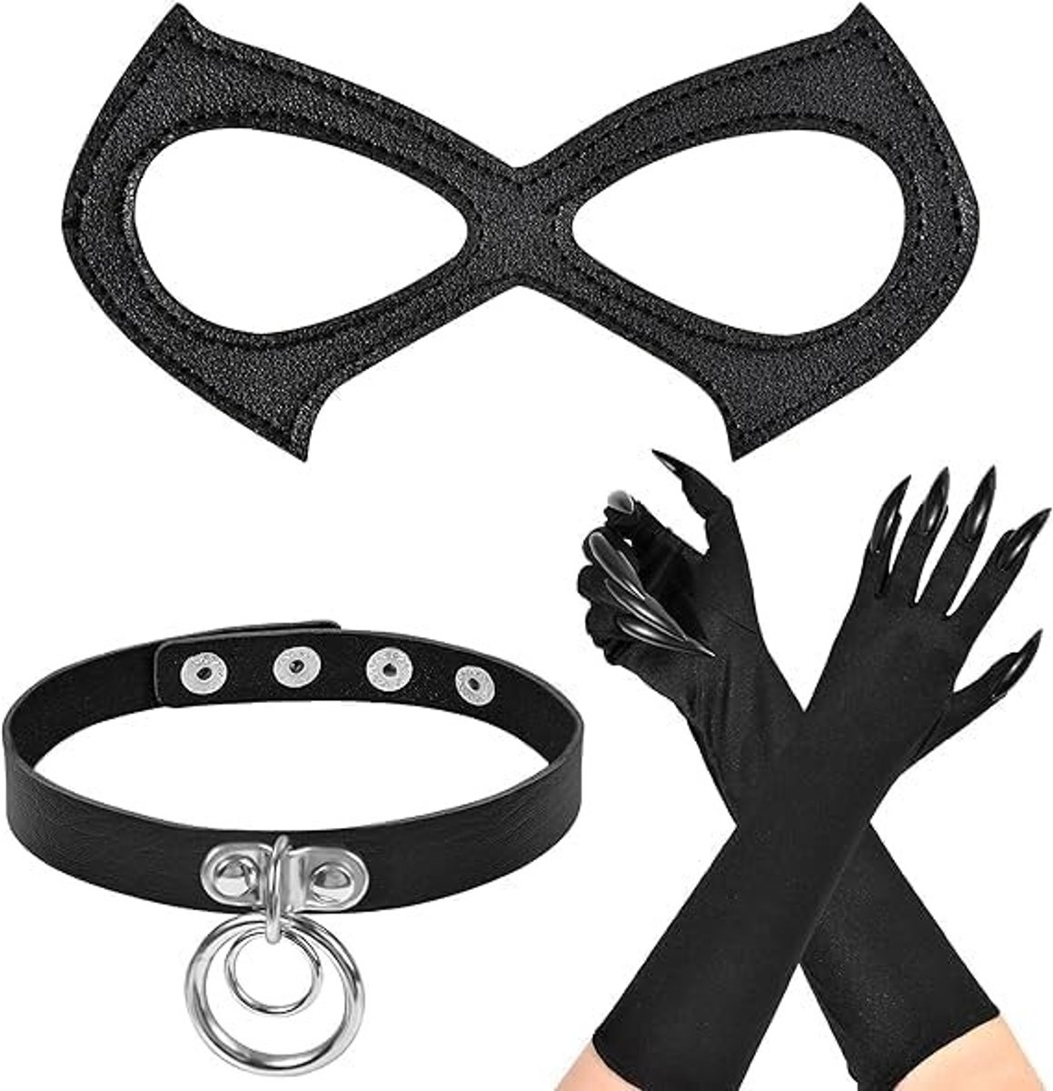Halloween masker en lange nagels handschoenen set, zwart kostuumaccessoire voor cosplay en carnaval met ketting en unieke accessoires
