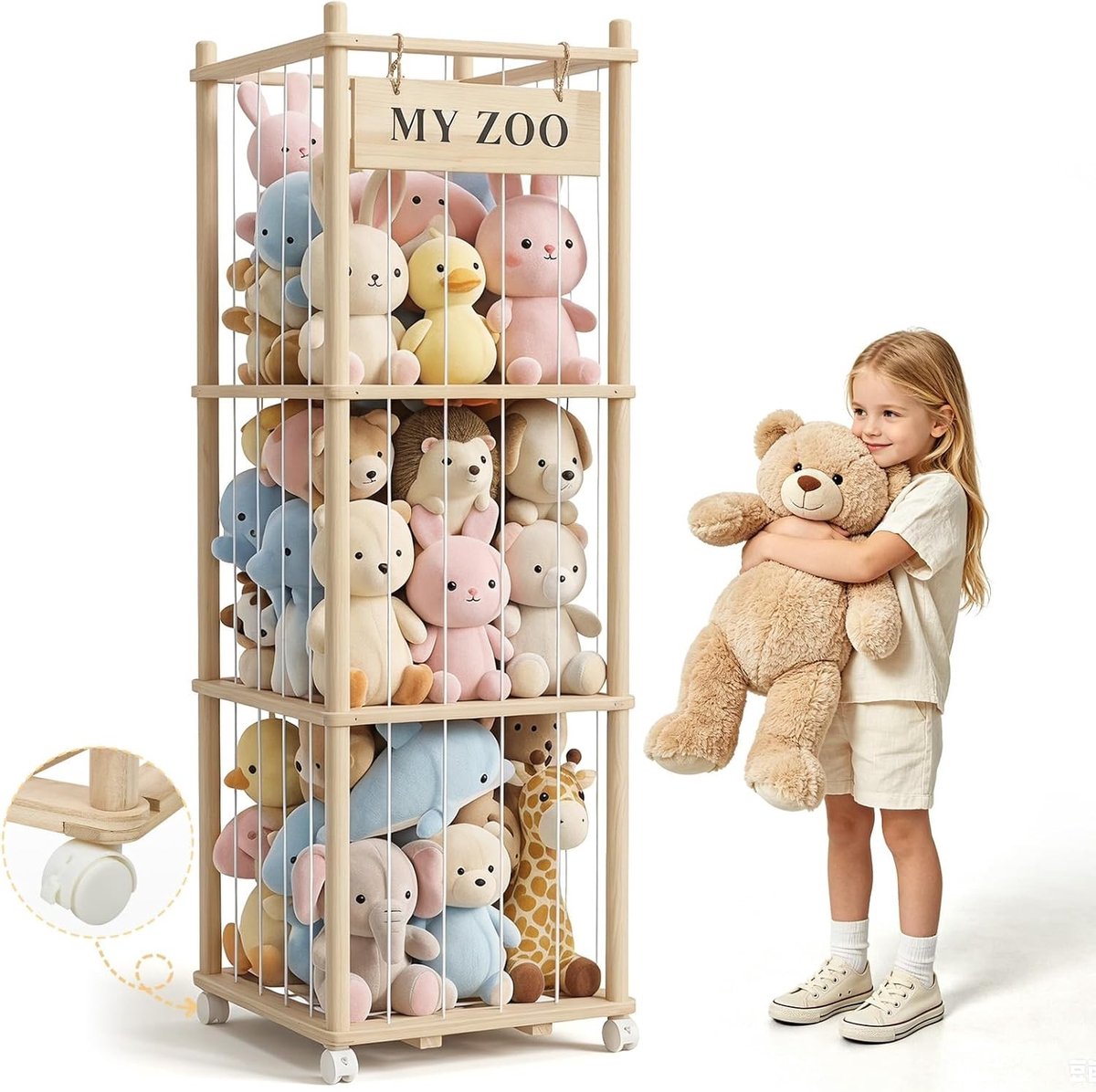 Opbergrek voor Knuffeldieren van Hout met 360° Remwielen, Ruimtebesparend en Geschikt voor Kinderkamer, 135 x 40 x 40 cm, Grote Capaciteit voor Speelgoed en Organisatie