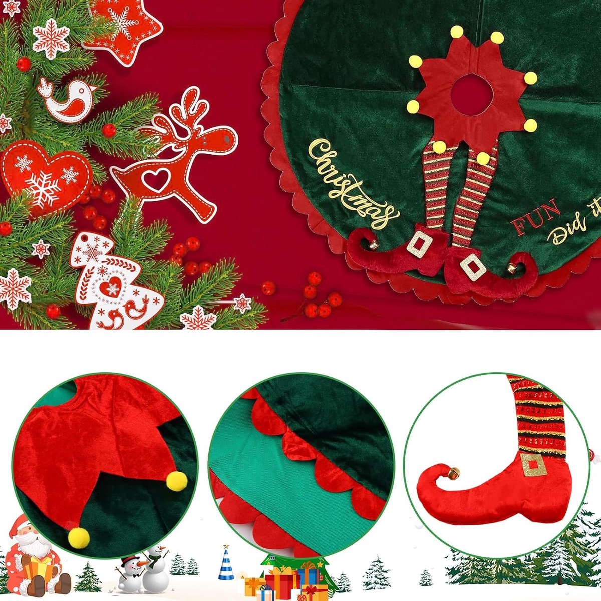Grote Kerstboomrok van 125 cm, Ronde Kerstboomdeken, Kerstboommat in Rood en Groen, Perfect voor de Feestdagen