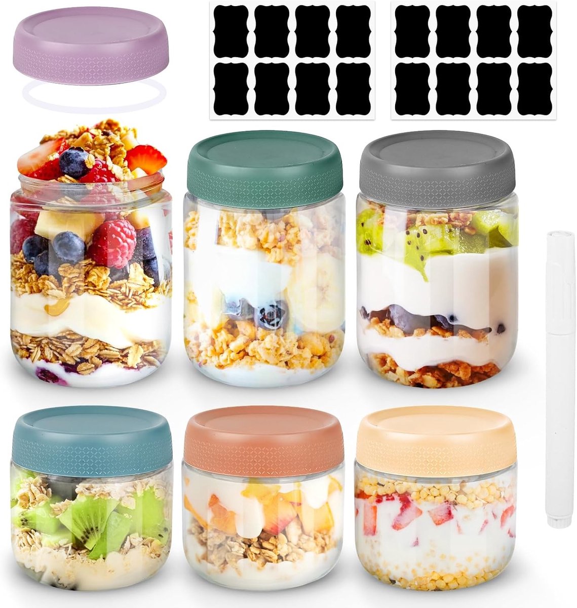 Set van 6 Glazen Bewaardozen voor Maaltijdprep, Ideaal voor Overnight Oats, Salades en Jam, 300-480ml met Schroefdeksel