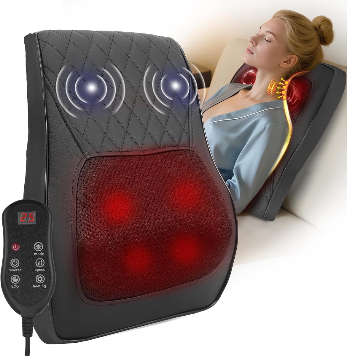 Verwarmde Nekmassager met 3D Kneedfunctie, Shiatsu Massagekussen voor Pijnverlichting, 3 Snelheden en 2 Richtingen voor Nek en Rug