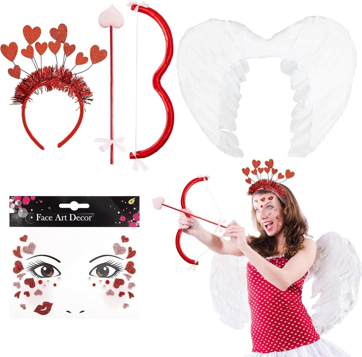 Romantisch kostuum voor vrouwen met pijl, boog en engelenvleugels - Perfect voor carnaval en Valentijnsdag accessoires