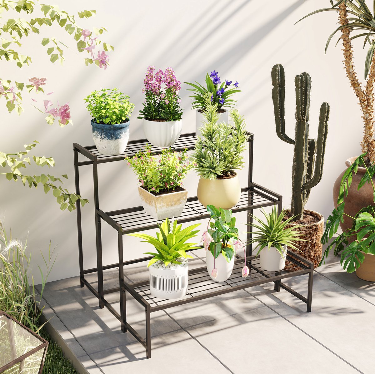 MODFU - Plantenstandaard Met 3 Etages - Metalen Roosterplanken - Zwart - 75 X 70 X 66 Cm