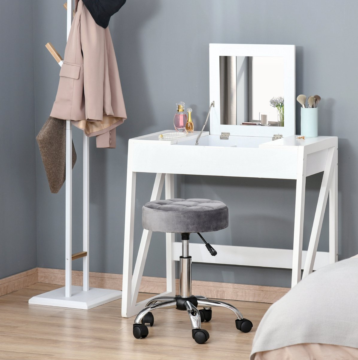 MODFU - Salonhocker - Hoogteverstelbaar - Draaibaar - Met Wielen - Grijs - 49-61 Cm