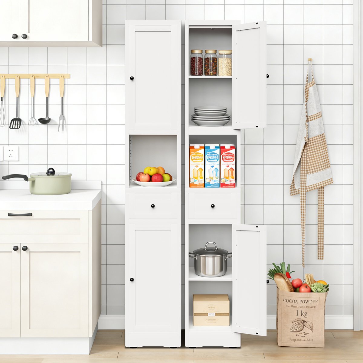 DESMIU Badkamerkast - Smalle Metalen Opbergkast Met 5 Niveaus En 2 Deuren - Vrijstaand Voor Badkamer Keuken En Wasruimte - Wit - 180 x 30 x 30 cm