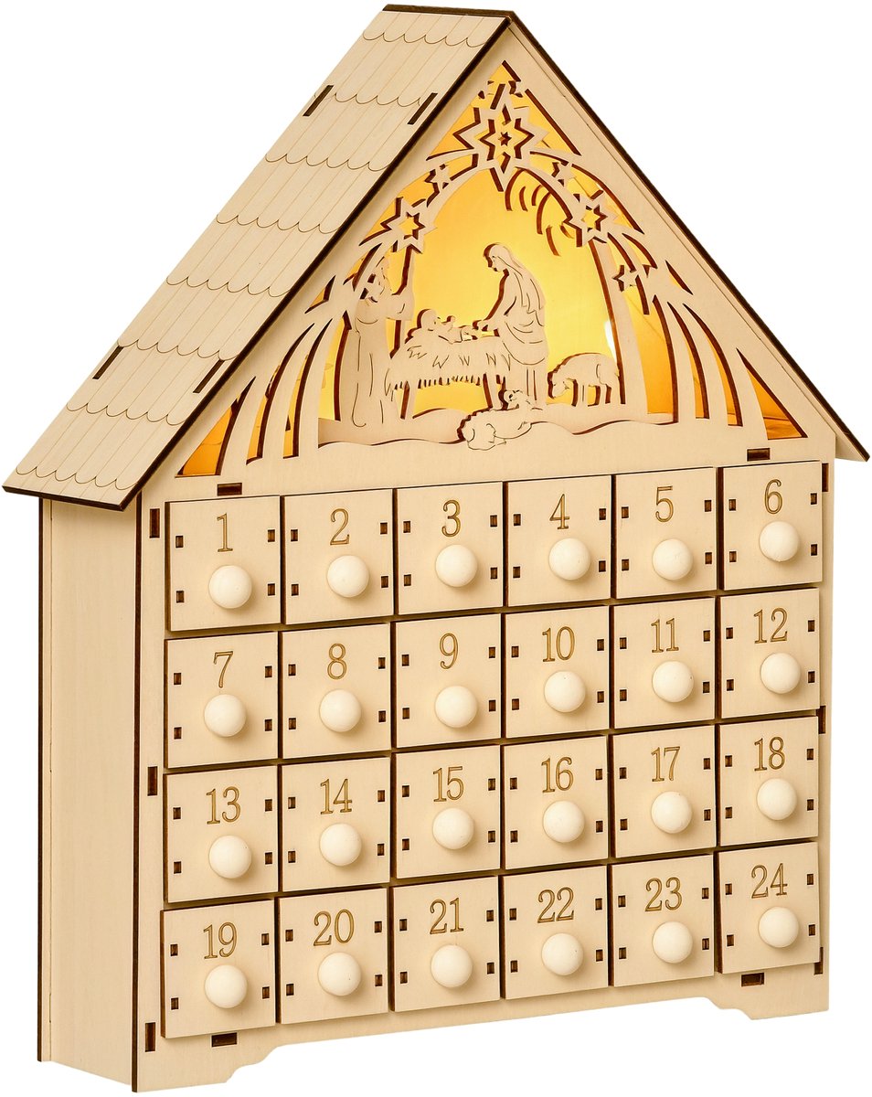 HOMCOM Adventskalender Huisvorm met Ledverlichting - Kerstkalender, Adventshuis - Naturel