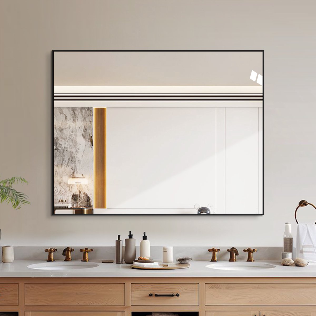 Badkamerspiegel van 70x90 cm met zwart aluminium frame, koperloze HD-wandspiegel, kan horizontaal en verticaal worden gemonteerd, voor badkamer, hal en kleedkamer