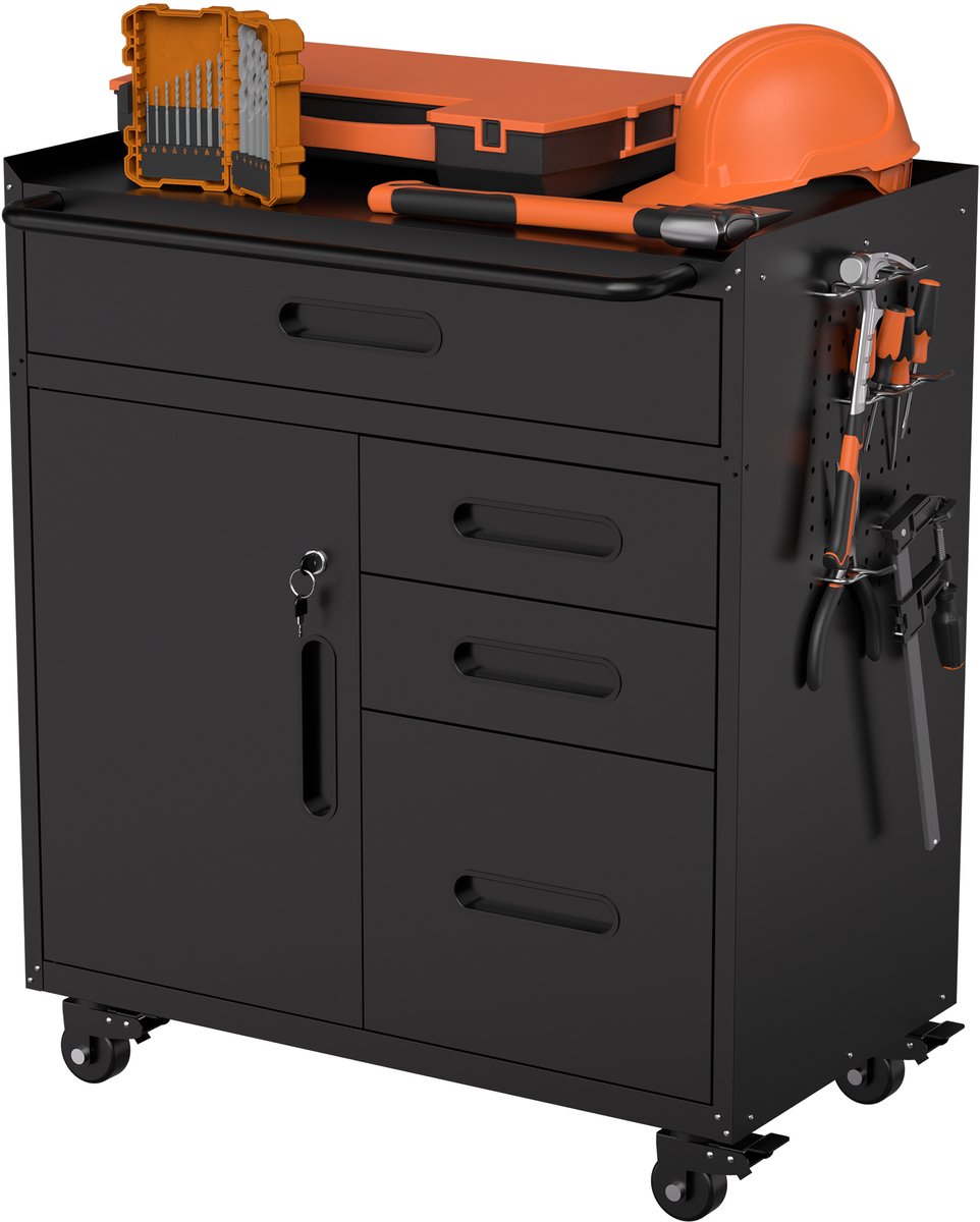 REDOM - Mobiele gereedschapskast - 4 lades - Afsluitbaar vak - Met wielen - Staal - Zwart - Voor garage en werkplaats - 75 x 42 x 87,3 cm
