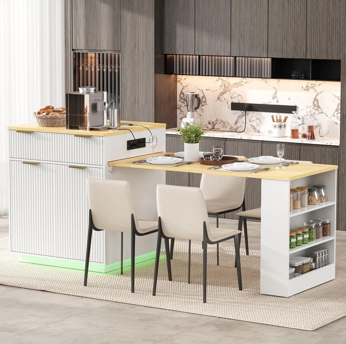 REDOM - Tafel - Uitschuifbaar - LED-verlichting - Laden en verstelbare legplanken - MDF en spaanplaat - Wit - 127,5 tot 205 x 67 x 92 cm