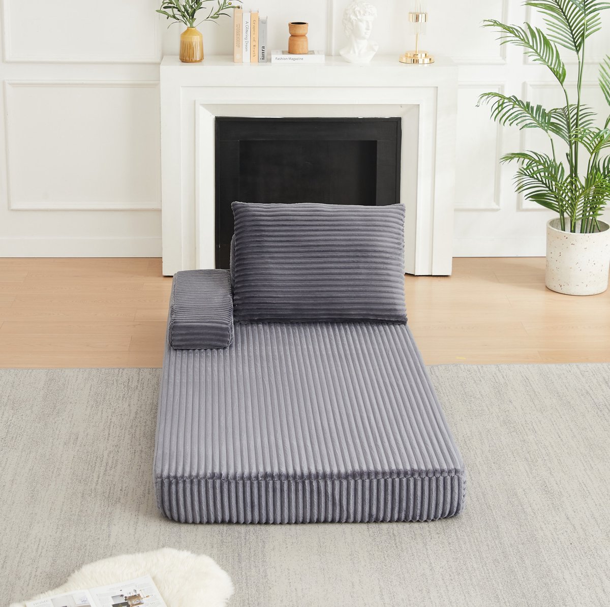 REDOM - Slaapbank - 1-zits - Modulaire bank - Verplaatsbare armleuningen - Driehoekige rugleuning - Corduroy - Grijs - 211,5 x 106,5 x 48 cm