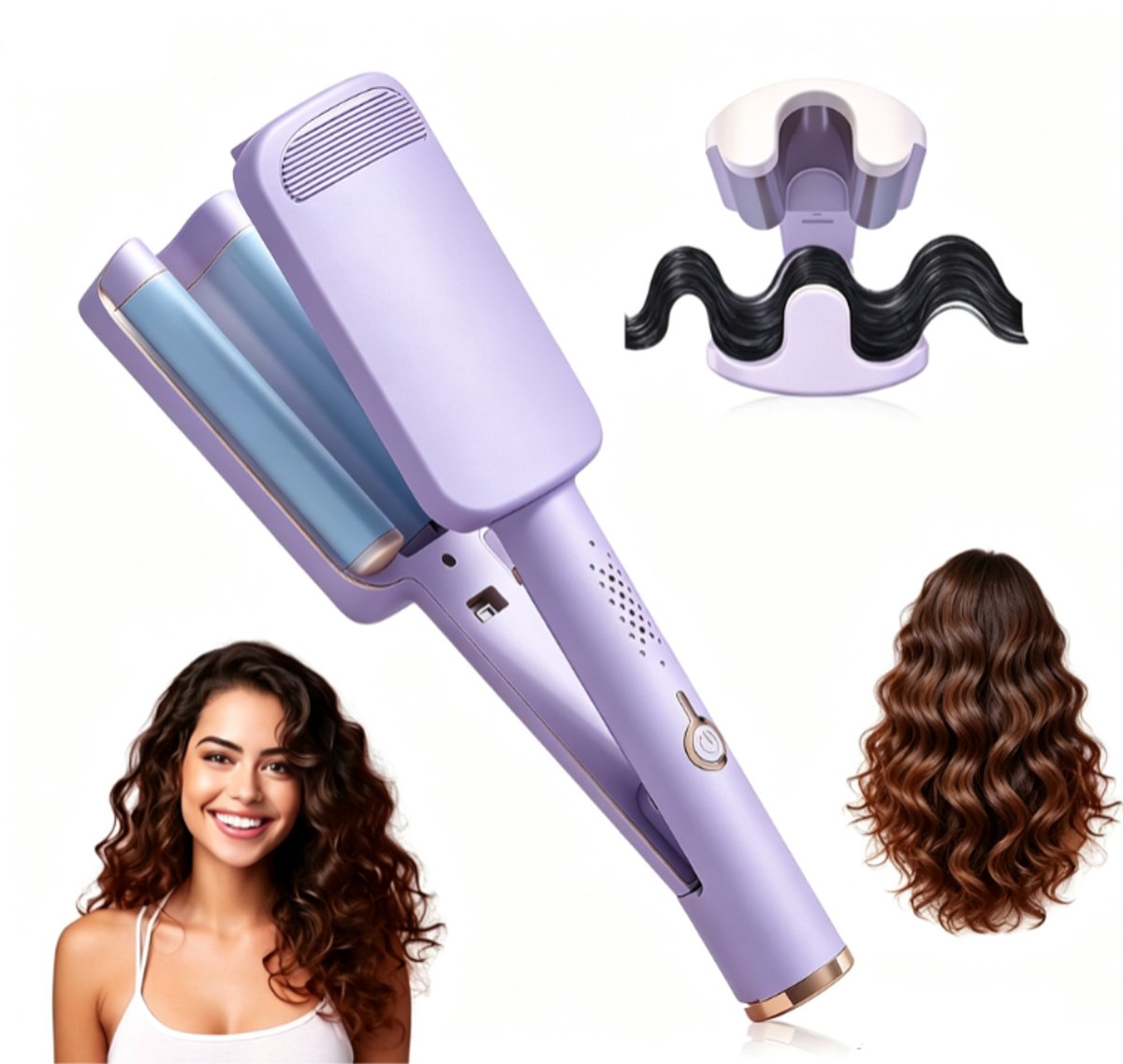Professionele 32 mm Deep Waves Krultang, 3 Barrels Beach Wave Krultang met Verstelbare Temperatuur 160°C‑220°C, 4 Warmtestanden voor Frizz‑Free Golven, Geschikt voor Lang en Kort Haar, Purple