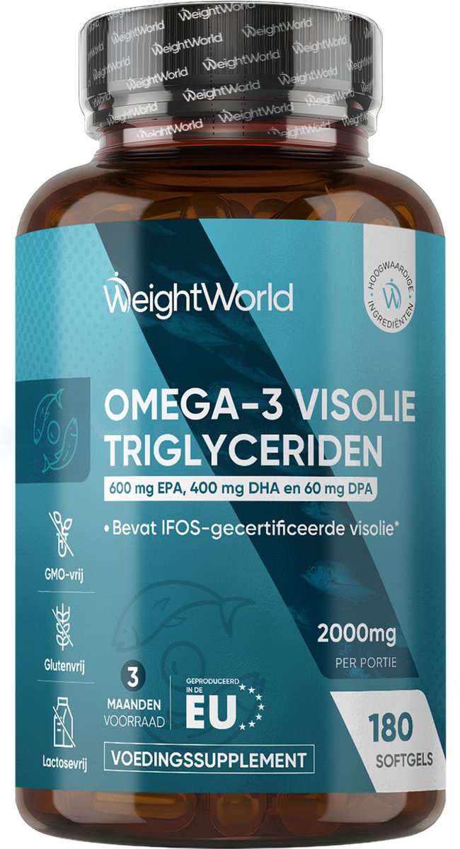 WeightWorld Omega 3 Visolie in Triglyceridenvorm - 2000 mg - 600 mg EPA & 400 mg DHA - Natuurlijke vorm - Hoge opname - Gemaakt in de EU