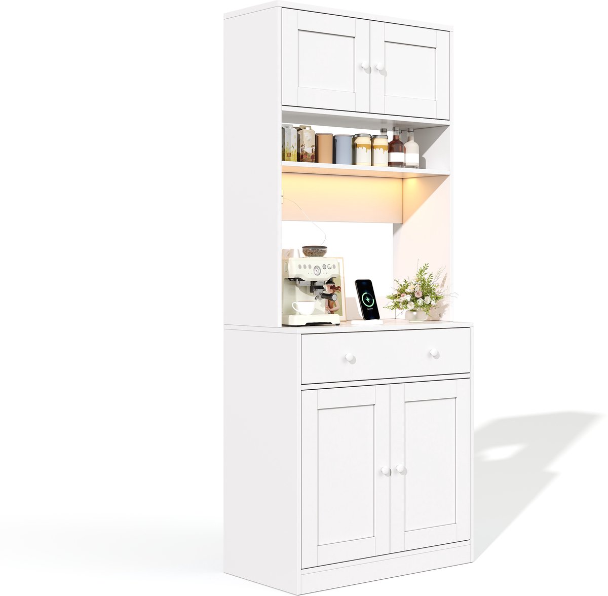 Ropilly Hoge keukenkast 180 cm - Koffiebar meubel met LED verlichting - Geïntegreerd stopcontact en lade - Voor keuken en eetkamer - 72x40x180 cm Wit