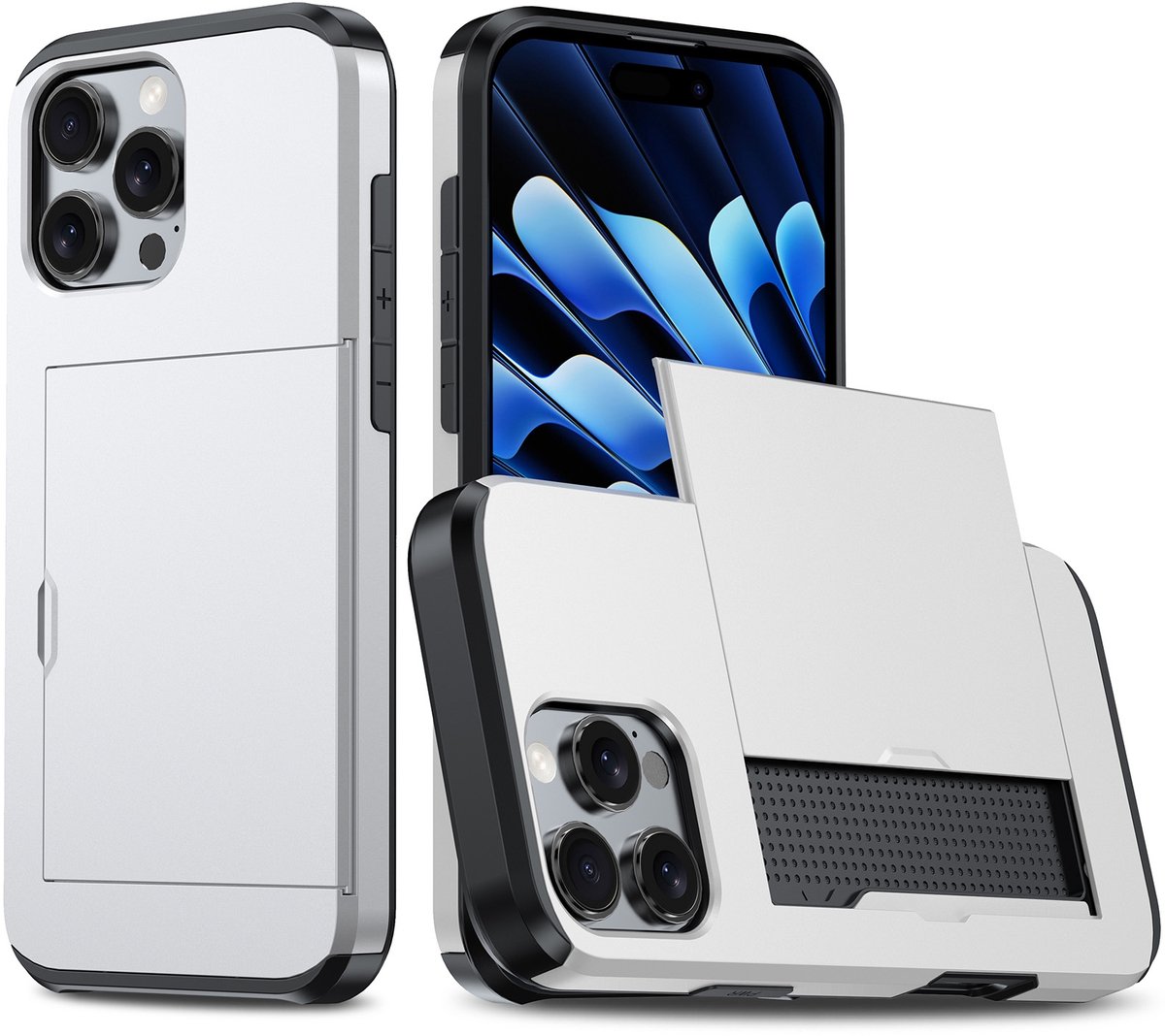 Shockproof Armor Case voor de Apple iPhone 16 Pro met Kaartslot - Zilver