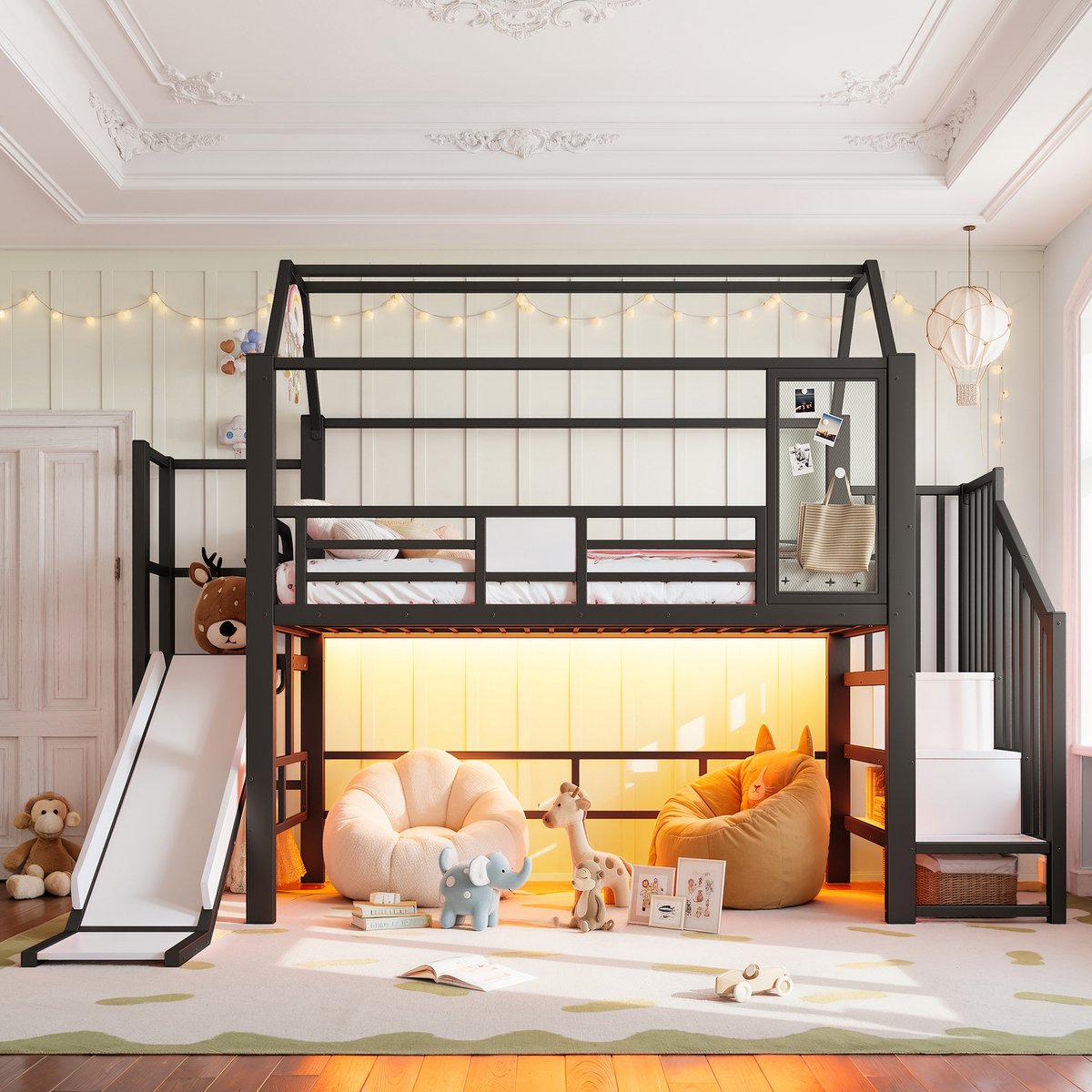 MIVRAY Kinderhoogslaper 90 x 200 cm - Huisbed Met Glijbaan, Trap En Ledverlichting - Met Opbergruimte - Zonder Matras - Metaal En MDF - Zwart
