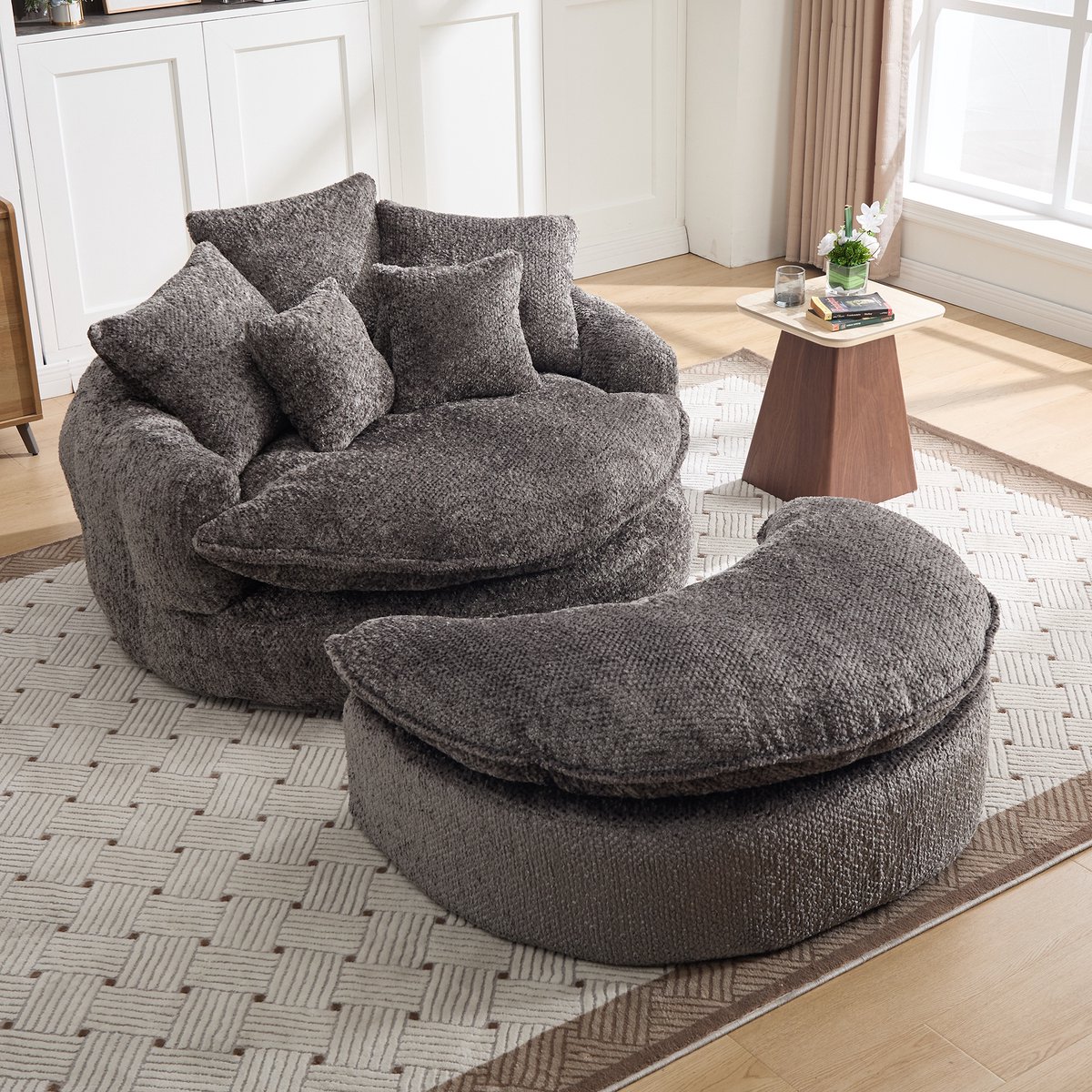 STILVORA Fauteuil 190,5 Cm - Royale Ronde Zitting Met Hocker En Kussens - Voor Woonkamer En Ontspanningsruimte - Polyester Grijs