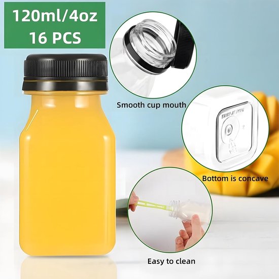 Set van 16 Mini Plastic Juice Bottles 120ml met Doppen, Labels, Trechter en Borstel - Herbruikbare Drinkcontainers voor Sap en Smoothies — afbeelding 2