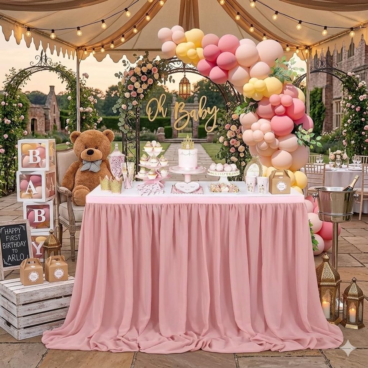 14FT Dusty Rose Chiffon Table Skirt Sheer Rectangle Tablecloth for Wedding 1st Baby Girl Birthday Party Bridal Shower - ShopVlot