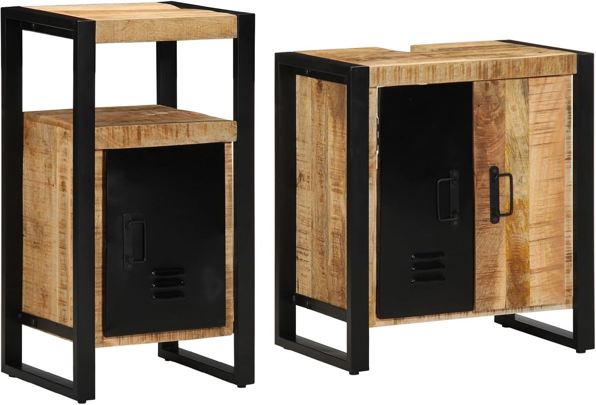 Badkamermeubelset, 2 stuks, bruin, massief, grof mangohout, industriële stijl, kast met ijzeren constructie, opbergruimte, compacte opslag, badkamerkast, robuust design urbane
