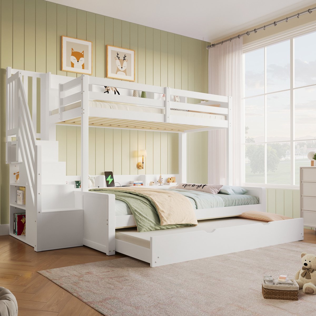 STILVORA Hoog Laag Bed 90x200 cm En 140x200 cm – Uitrekbed Met USB-Aansluiting En Opbergtrap – Kinderkamer – Hout – Wit – Zonder Matras