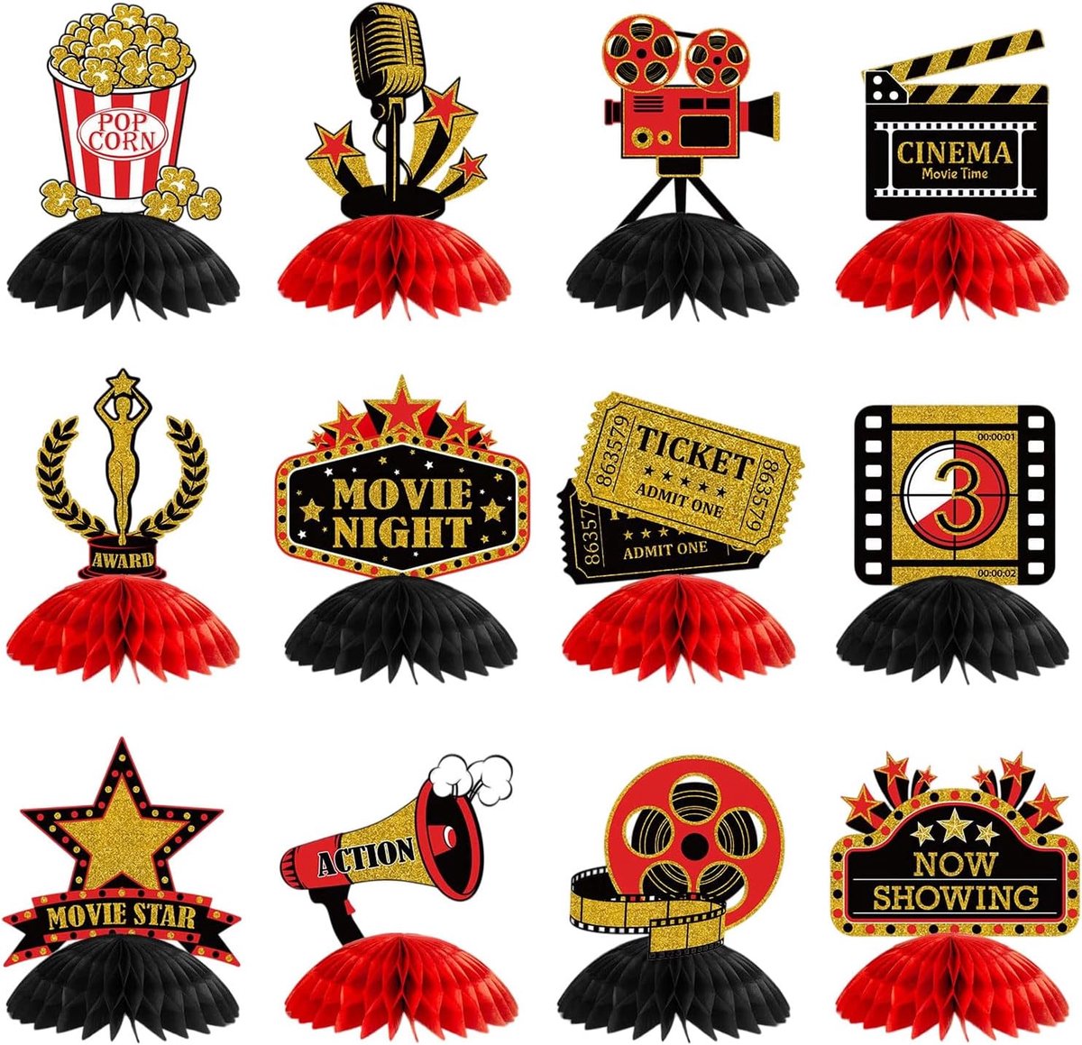 Filmavond decoratie - 12 delige set - sterren, popcorn en microfoons - voor een geslaagde filmavond - ShopVlot