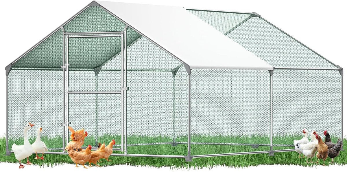 3 x 4 x 2 m kippenhok van verzinkt staal, vrijloophok voor kippen, kleine dieren, planten, kleine dieren, met zonnedak en deur, puntig dak, kippenkooi, vogelkooi, metalen kippenren