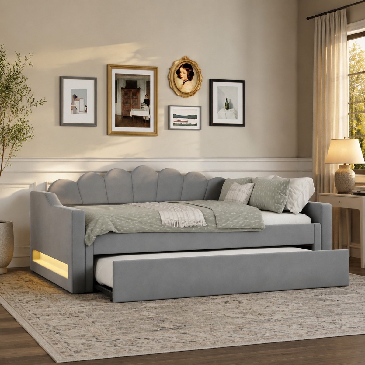 WUVRIE Bedbank 140x200 cm met uitschuifbed, LED-verlichting en lattenbodem, grijs