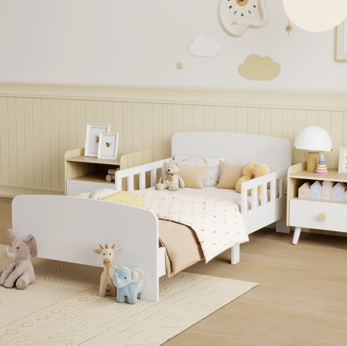 WUVRIE Peuterbed 140 x 70 cm met dubbele veiligheidsrails, laag kinderbed van MDF in wit