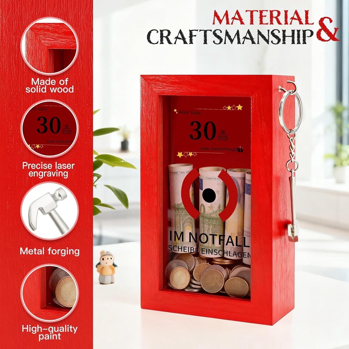 Persoonlijke Noodpakket met Hamer, Creatieve Houten Gift Box voor Geld, Snoep en DIY Verjaardag of Trouwen