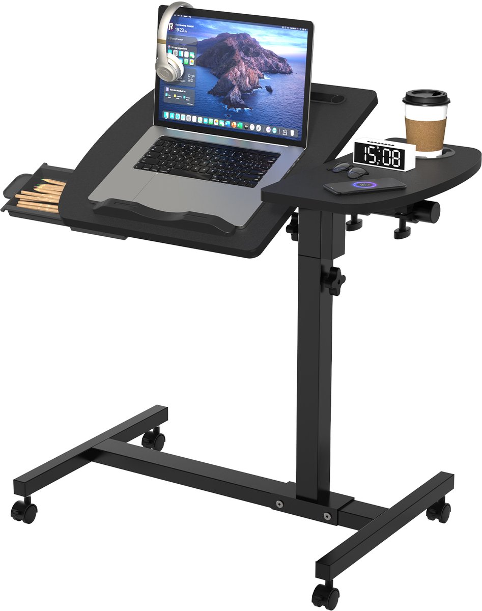 Arvioo - Verrijdbare laptoptafel - kantelbaar - met lade-bekerhouder-wielen - zwart 60x40cm