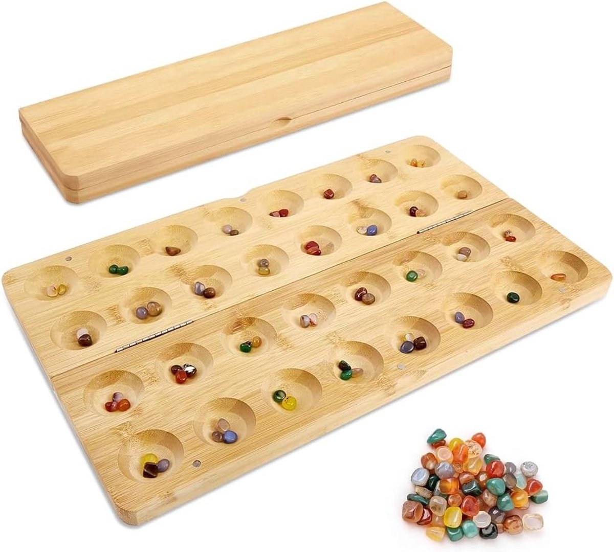 Mancala/Kalaha Spelset van Hout – Inclusief 65 Edelstenen; Vouwbaar Strategie Spel voor Jong en Oud – Ideaal Cadeau voor Spelletjesliefhebbers
