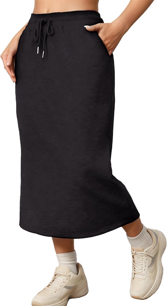 SEAUR Women's long elegant maxi skirt, elastic high waist, summer skirt with pockets, drawstring, slit, casual skirt - ShopVlot