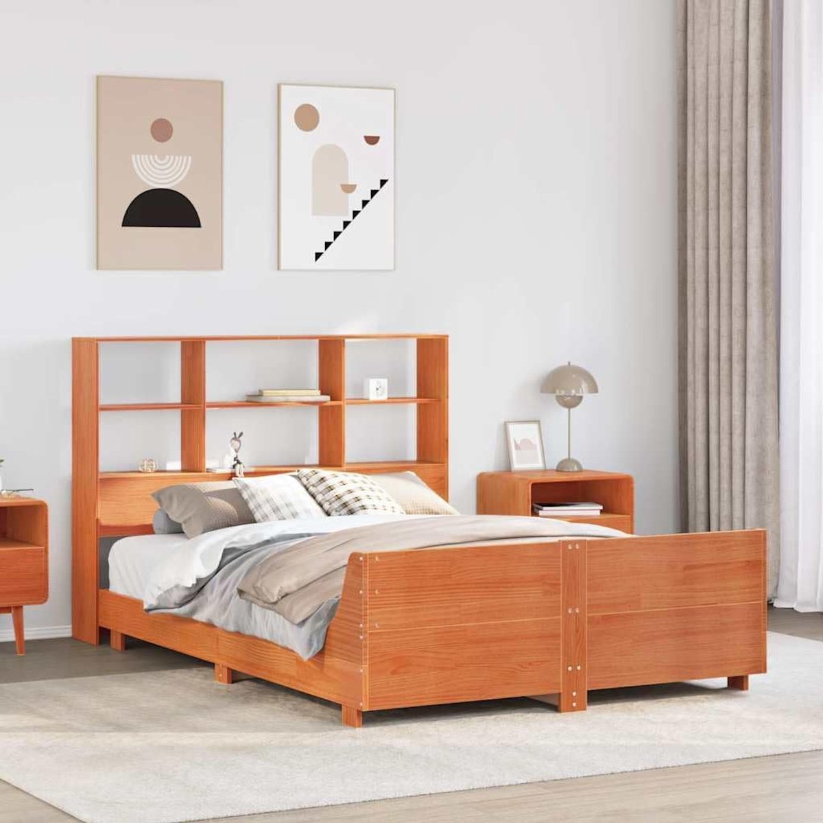 Grenenhout opbergbed met 6 vakken hoofdeinde Wasbruin 140x190 cm