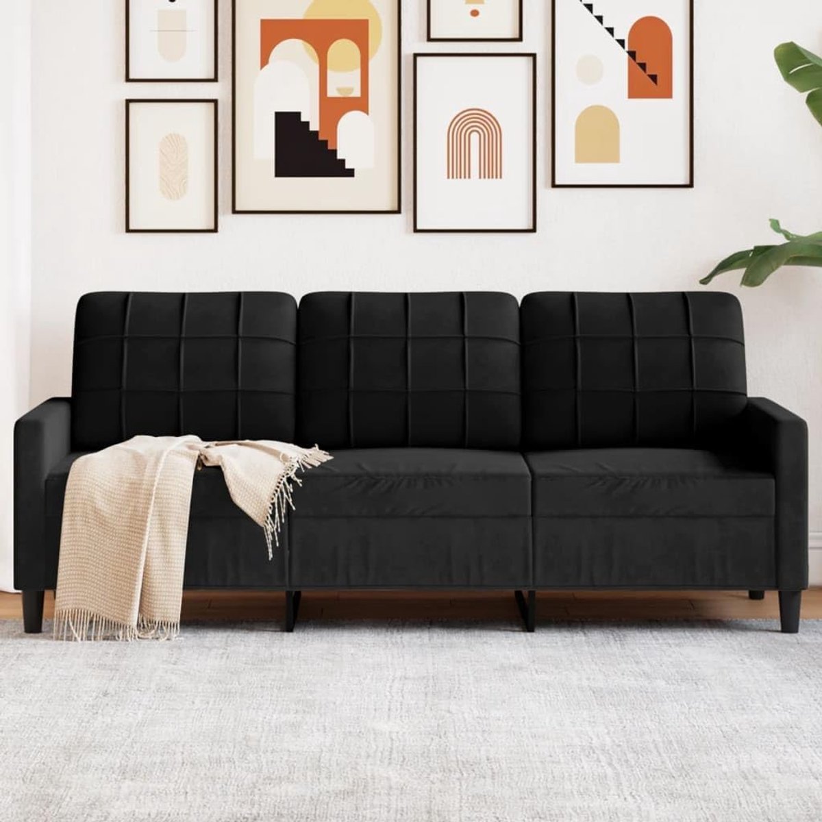3-zitsbank, 180 cm, fluweel, zwart, met metalen frame, comfortabele gestoffeerde bank voor woonkamer, zachte velours bank met stabiele constructie voor ontspanning