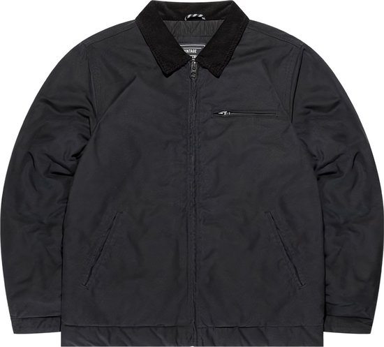 Zwarte Vintage Industries OSKER winterjas voor heren met corduroy kraag en ritssluiting.