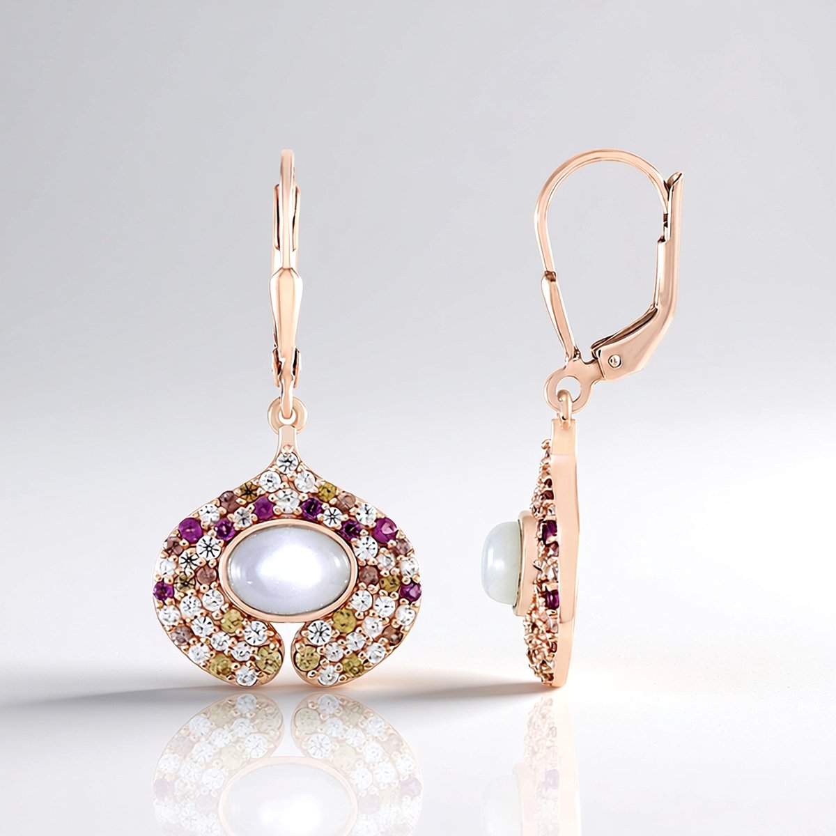 Cavill - 925 Sterling Zilver Roségoudverguld Oorbellen - 1.8 ct Witte Maansteen Ovaal Cabochon - Elegante Zirkonia Sieraden Dames