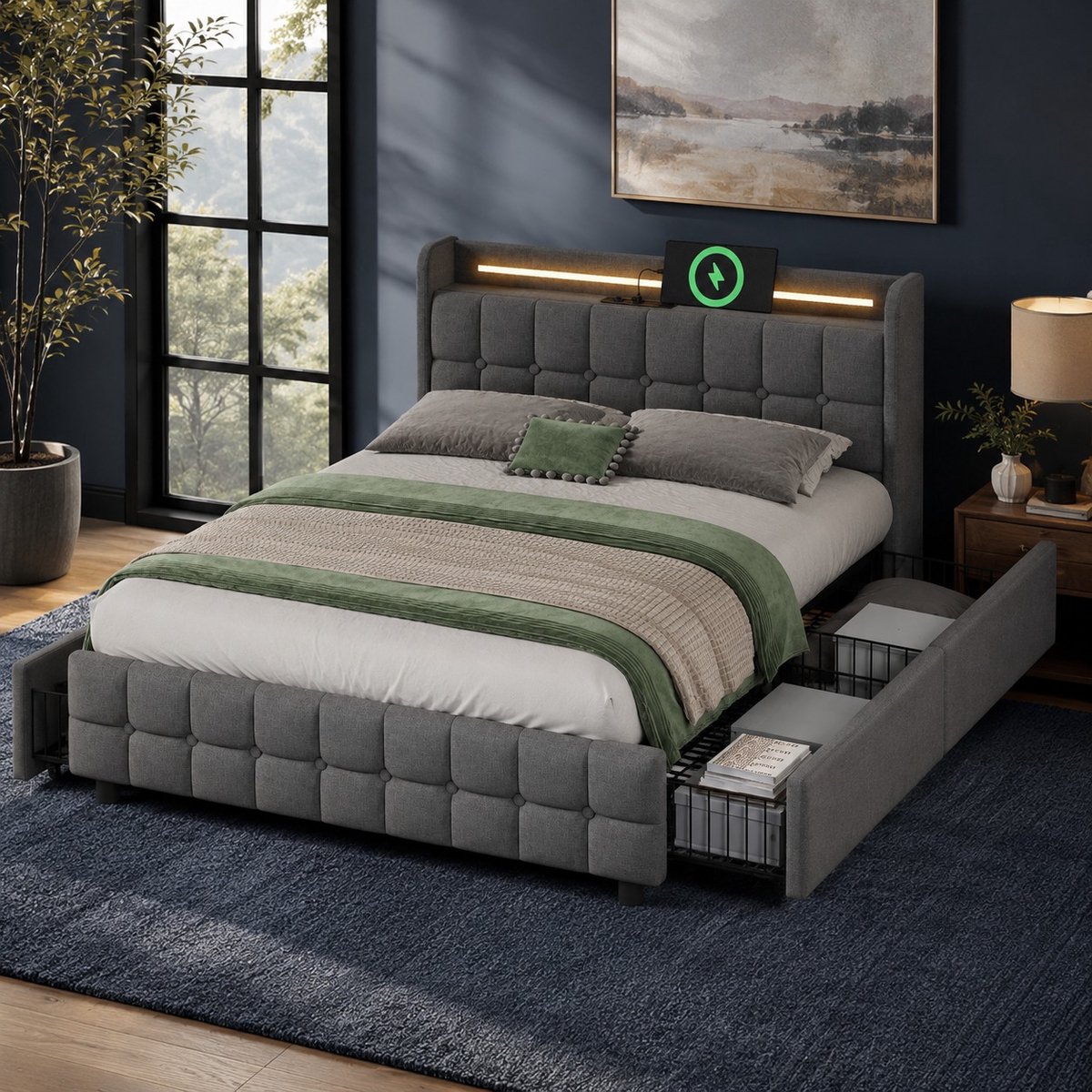 AURA LUMEN Gestoffeerd bed-Tweepersoonsbed-160x200 cm-Bed met LED en USB-Bed met lades-Grijs