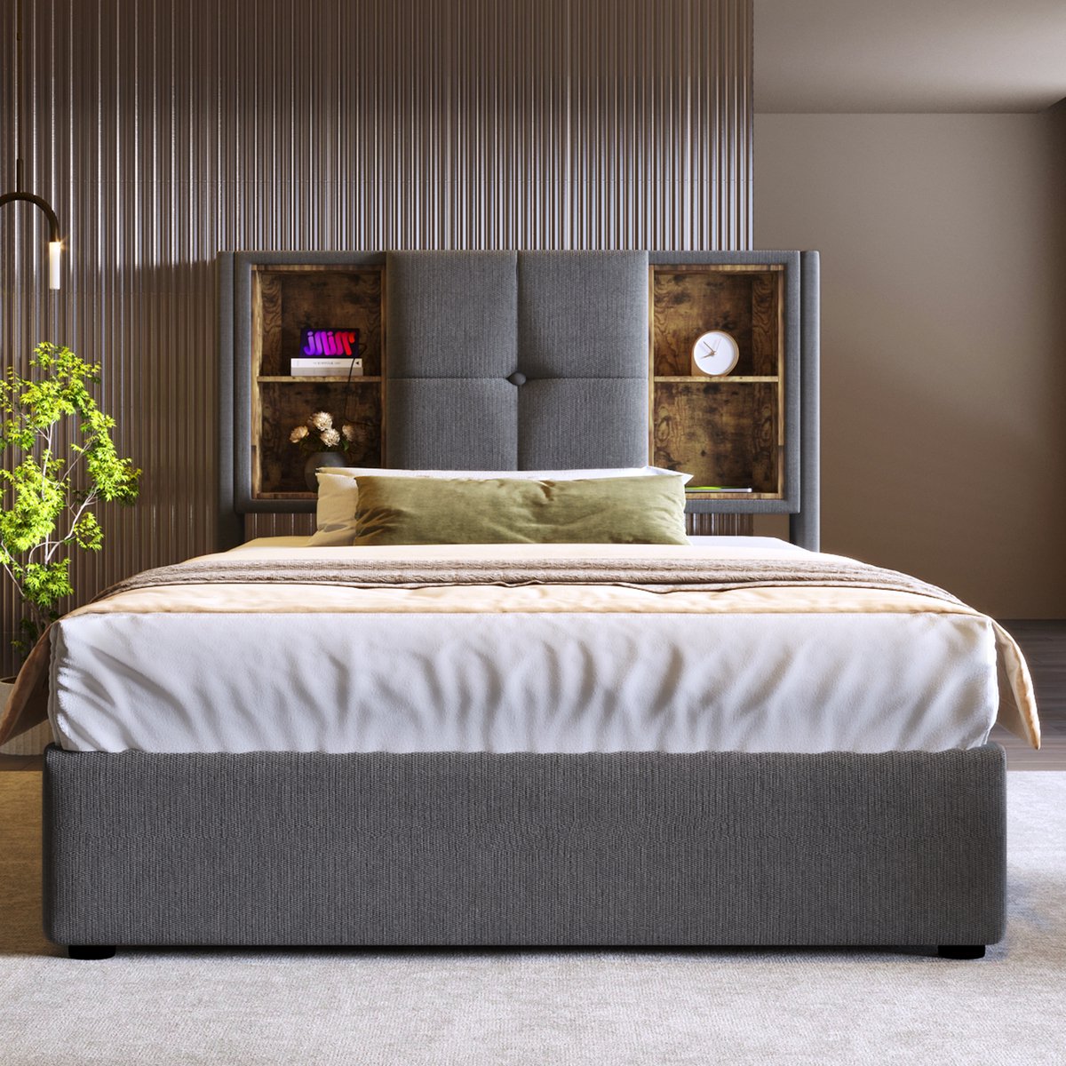 AURA LUMEN Gestoffeerd bed-Eenpersoonsbed-90 x 200 cm-Bed met kabelloos laden en USB-C-Bed met opbergruimte-Grijs-Zonder matras