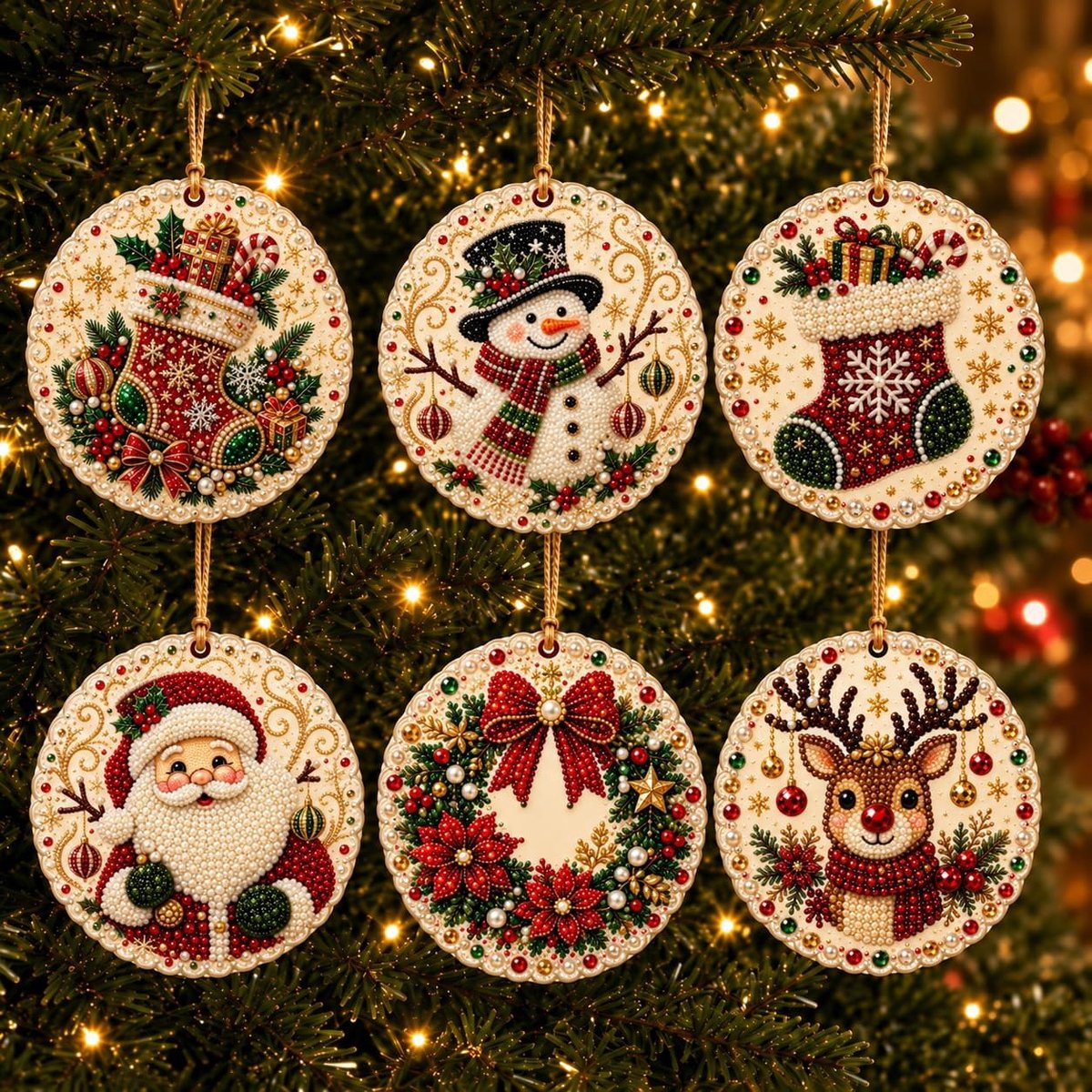 6 Stuks Kerst Ornamenten DIY Parel Diamant Kunst Pakket Voor Volwassenen - Parel Kunst Set Met Touw Voor Feestelijk Ophangen - Kerstboom Decoratie En Handwerk