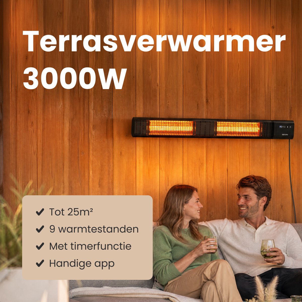 Auronic Smart Terrasverwarmer XL- Infrarood Verwarming - Elektrische Heater Carbon Fibre - Tot 25m2 - 3000W - Met app en Afstandsbediening - 9 standen - Zwart – foto 2