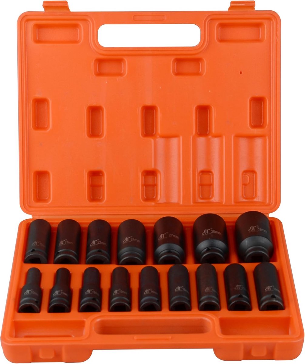 SnelShoppen - 16-delige 1/2" Drive Impact Deep Socket Set - 10-32mm - Chrome-Molybdeen Staal - 6-Punt Hexagon - Garage & Mechanisch Gebruik