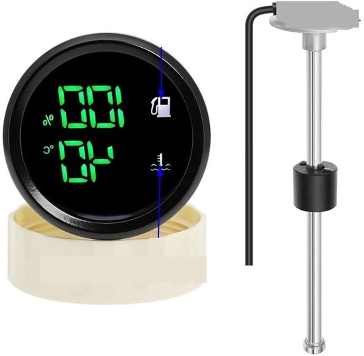 Brandstofniveau- en watertemperatuurmeter - Dubbele meter met alarm - Voor voertuigmonitoring - Programmeerbaar ohmsignaal - 52mm diameter - Zwart