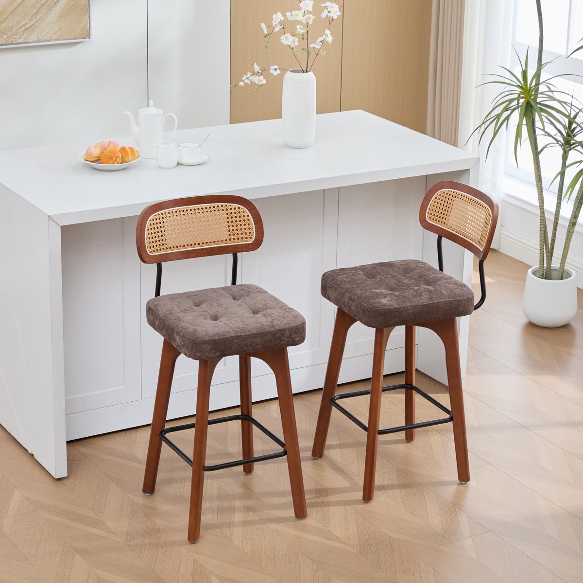 COVREO Barkruk set van 2 met rugleuning – Draaistoel met 360° draaifunctie – Keukenkruk met voetensteun – 44x51x96 cm – Coffee Koffiebruin