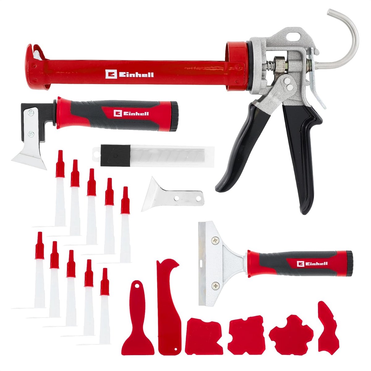 Einhell siliconen reparatieset, 22-delig (patroonpistool met 360° draaibare patroonhouder, 4 voegafstrijkers, voegmes, voegschraper, schraper, spatel, 10 schroefdoppen)