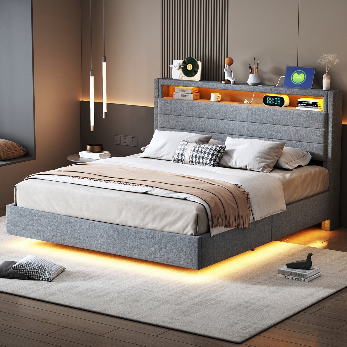 AURA LUMEN Gestoffeerd bed Twijfelaarbed 140x200 cm Hydraulisch bed met opbergruimte Bed met LED en USB Leinen grijs