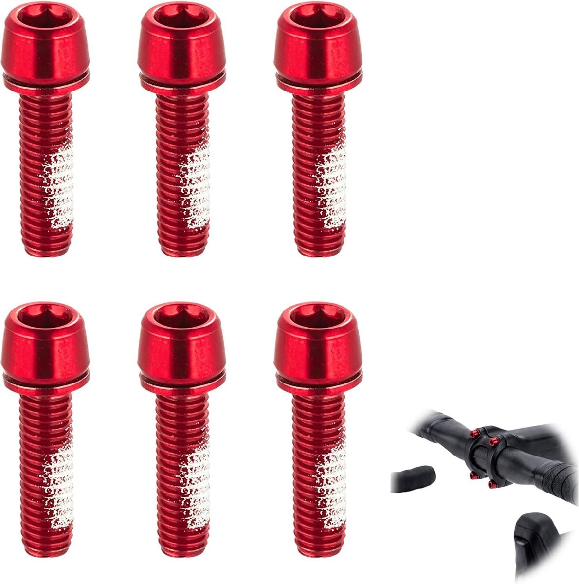 Zes Stuks Fietsstuur Schroeven M5 x 18mm Rood – Stalen Schroeven voor Fietshandvat met Ringen en Inbussleutel – Roestbestendige Schroeven voor MTB, Racefiets en BMX