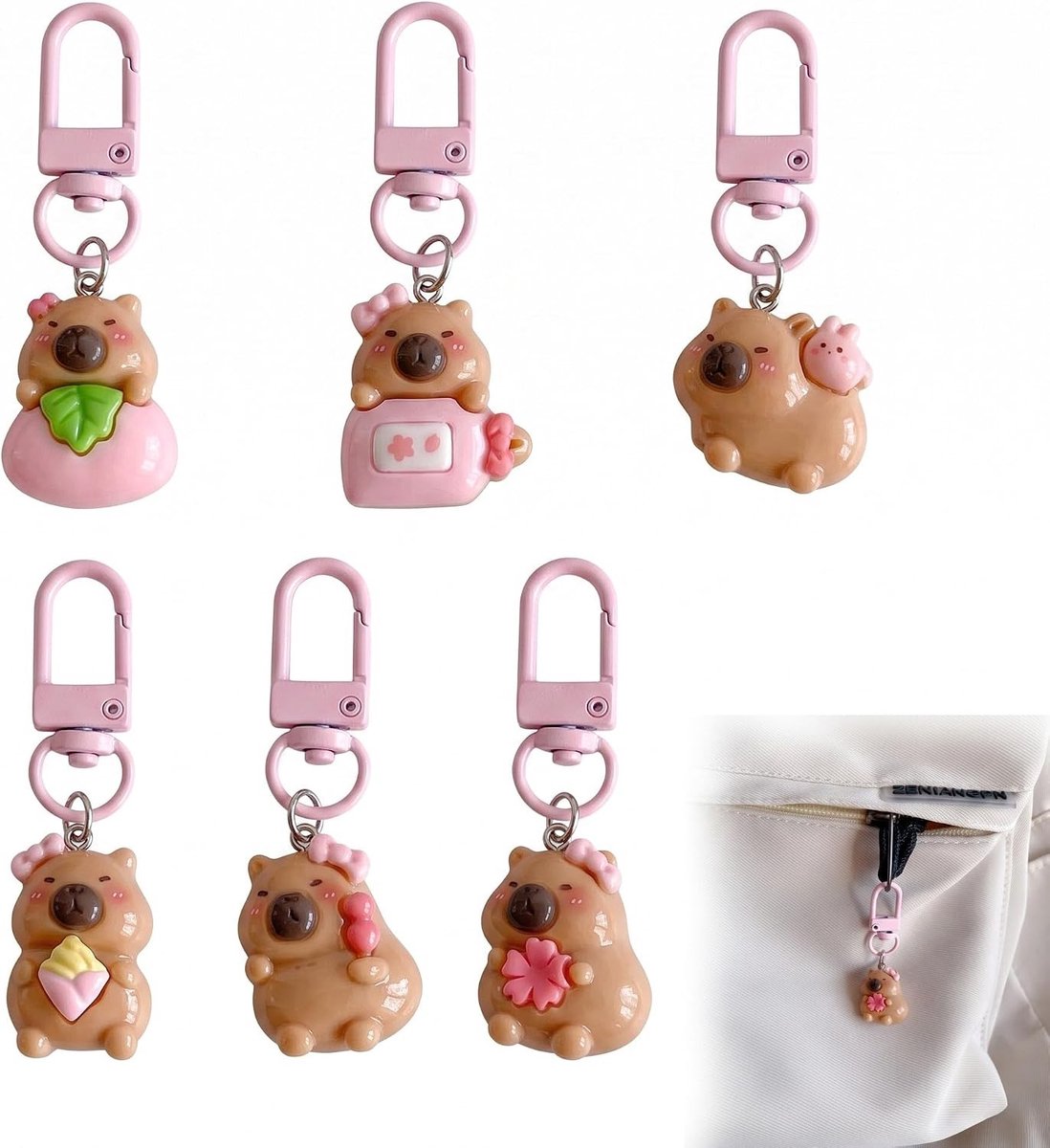 Set van 6 Schattige Capybara Sleutelhangers, Kawaii Water Varken Hangertjes voor Meisjes, Leuke Tasdecoratie en Cadeau voor Kinderen