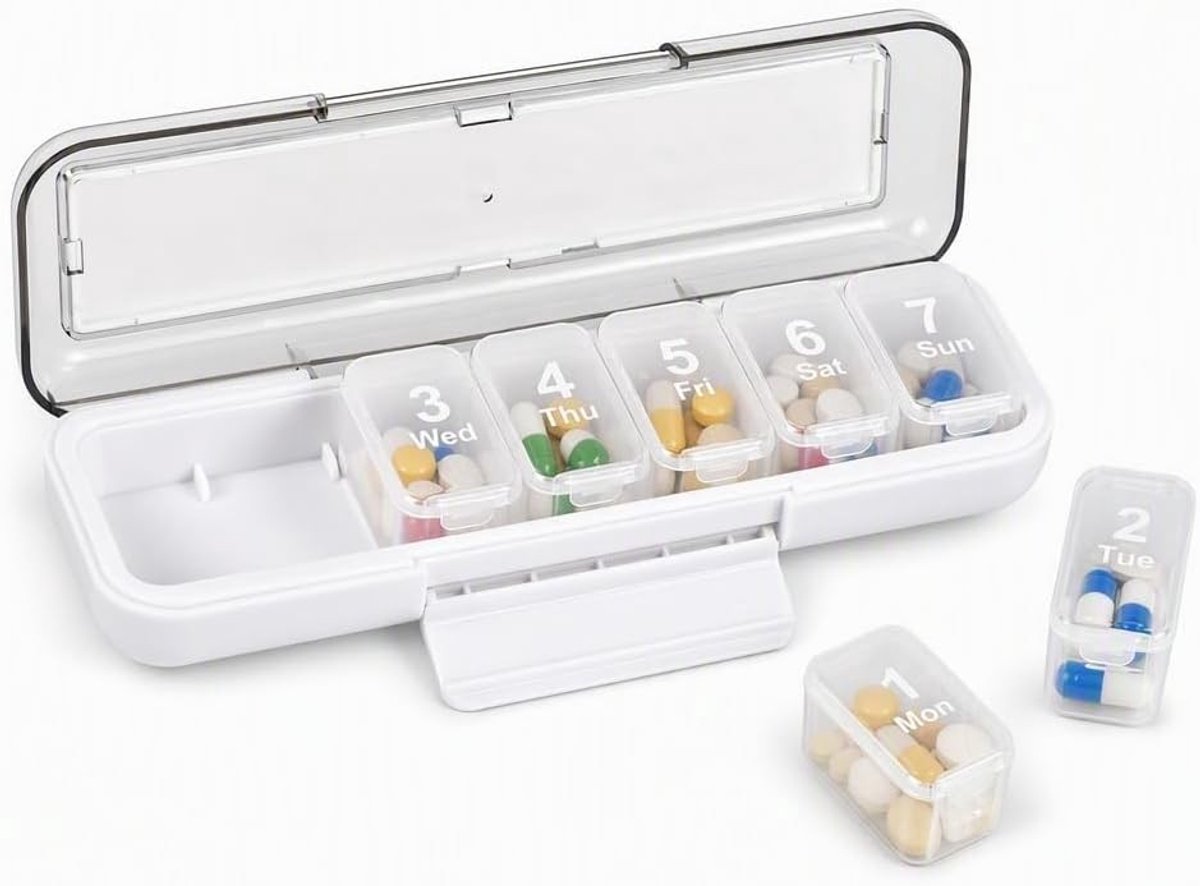 Pillendoos met 7 vakken voor wekelijkse medicatie, vochtbestendig en handig voor onderweg